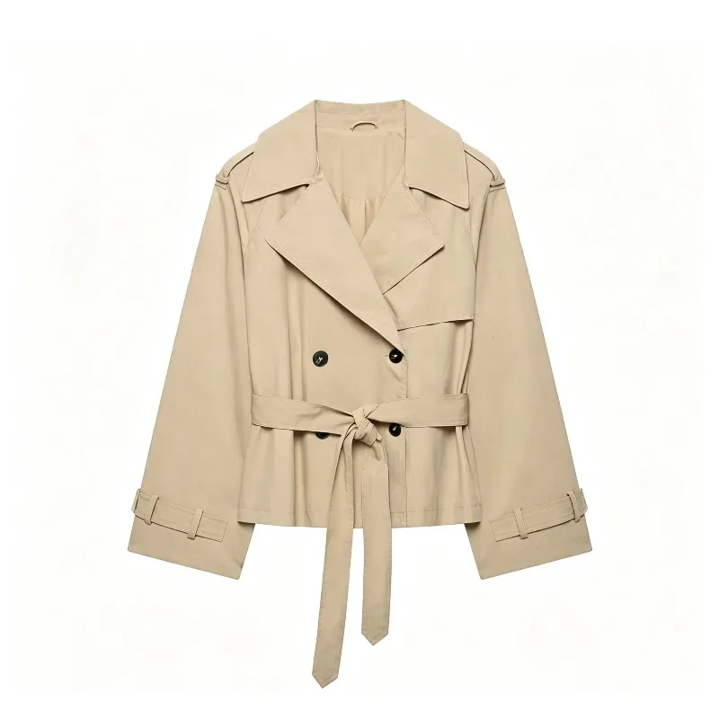 2026 Women's Fashion Simple Short Jacket - European Style, Belt Design, Padded Shoulders, Polyester, Long Sleeve