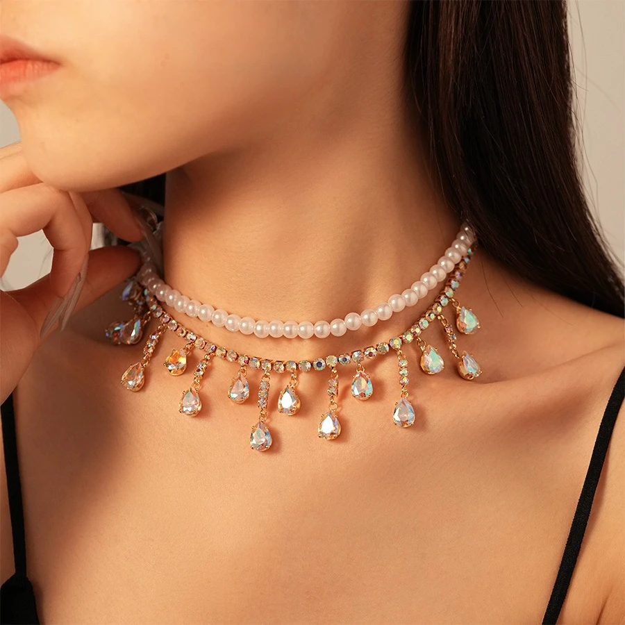 

French Luxury Rhinestone Imitation Pearl Chain Necklaces for Women New Fashion Gold Color Multilayer Necklace Wedding Jewelry