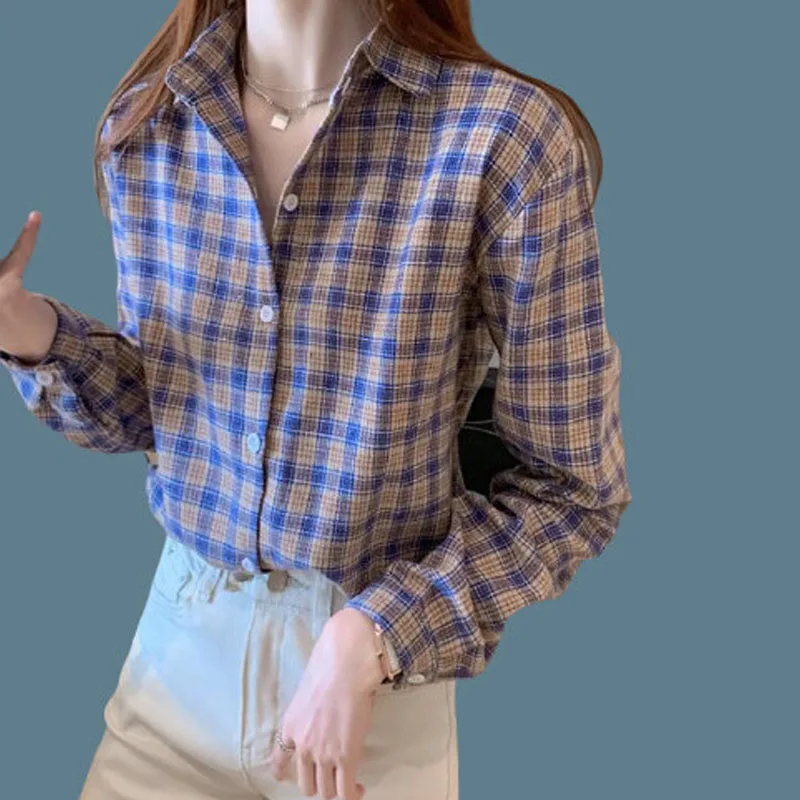 Vintage Alle-spiel Plaid Shirt für Weibliche 2022 Frühling Kleidung der Frauen Koreanische Einfache drehen-unten Collarlong Hülse casual Blusen