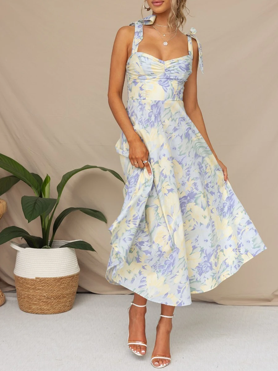 Donne estate Boho Spaghetti Strap Bustier Ruffle Casual Flowy abito lungo Beach Swing Party Maxi Dress