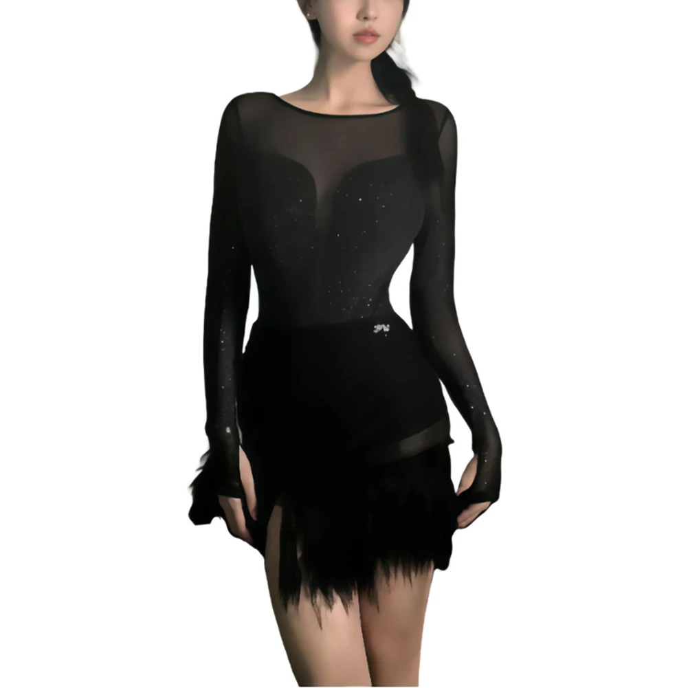 جديد اللاتينية الرقص المنافسة زي جولة الرقبة صف فستان رقص المرأة أسود طويل الأكمام قطرة الغراء شبكة التدريب اللباس