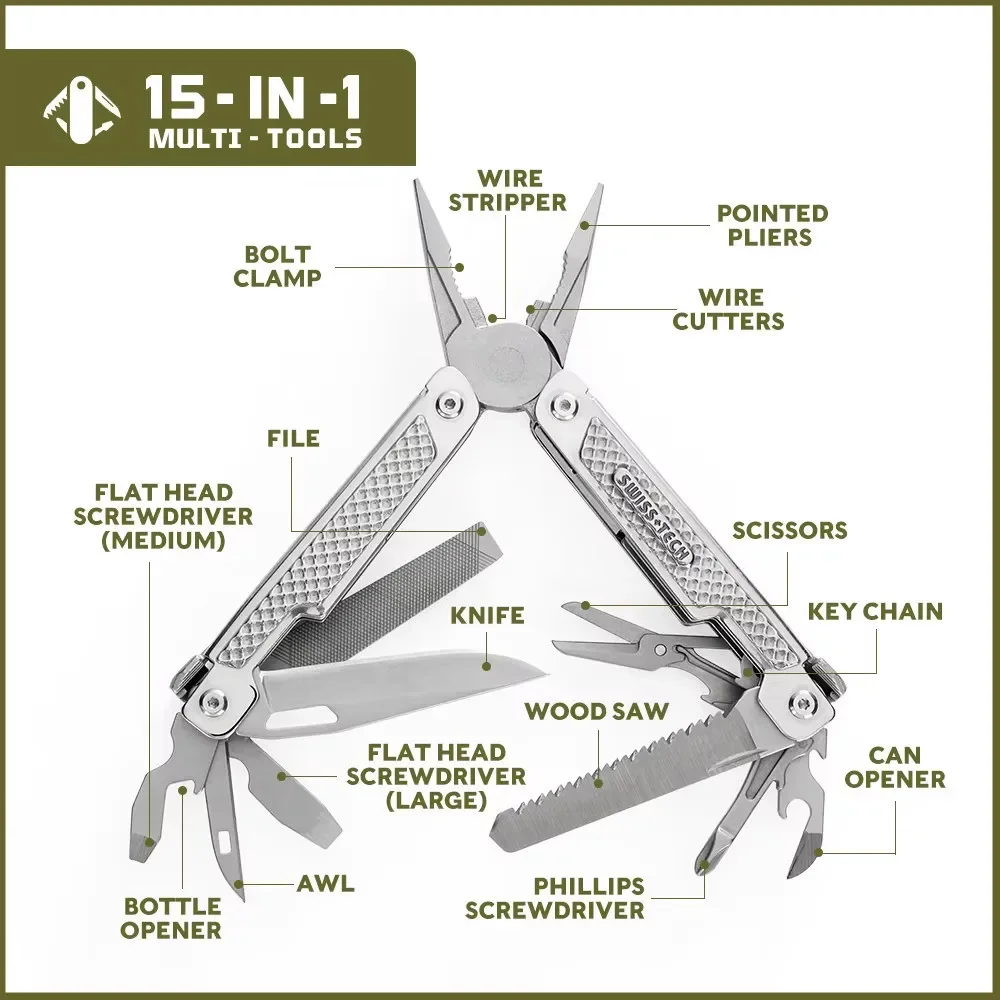 SWISS TECH 15 in 1 Multifunctional Folding Pliers EDC Multitool Pocket Knife Portable Scissors Outdoor Survival Camping Supplies