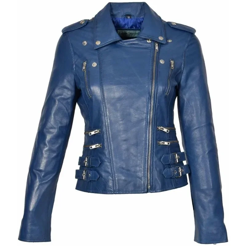 

SEXY Women Authentic Lambskin Real Leather Jacket Motorcycle Blue Collared Coat