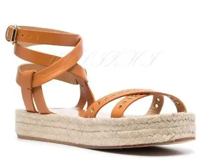 Black Camel Leather Eyelet Cross Strap Thick Sole Espadrille Flat Sandals Women Gladiator Open Toe Belt Studded Slingback Shoes