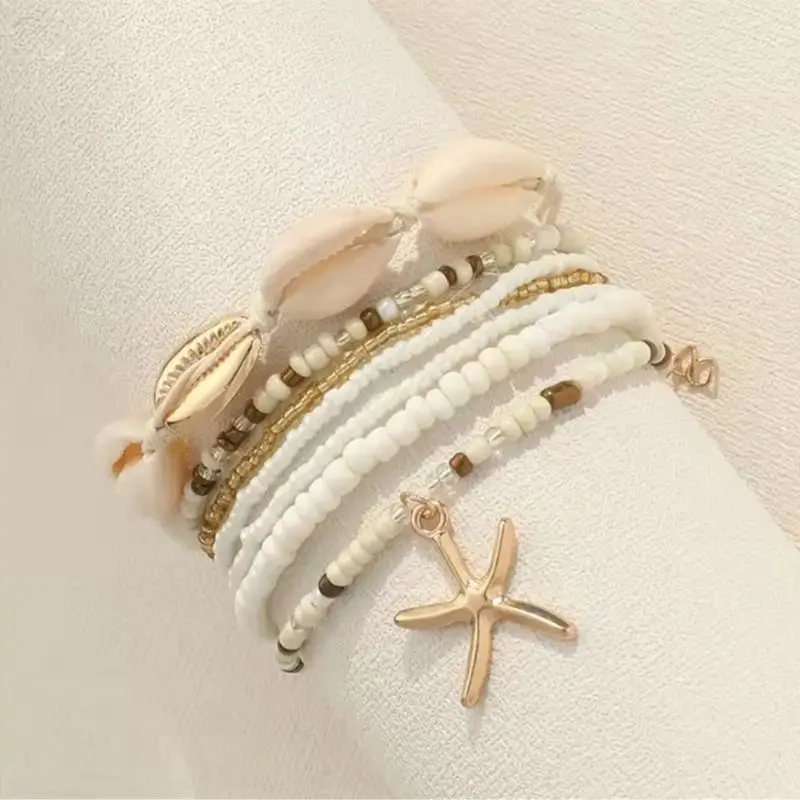

Beach Style 7 Pcs Stackable Starfish Pendant Bracelet Set Handcrafted Multilayer Shell Bracelet Jewelry for Women