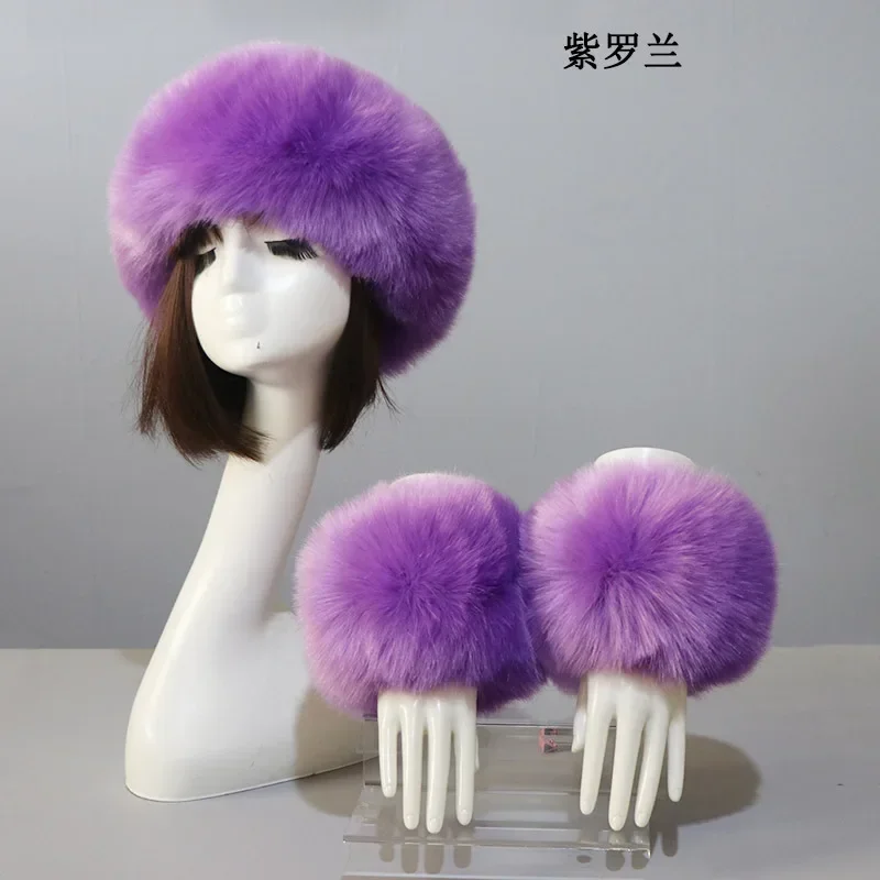 Women New Winter Faux Fox Fur Headband Hats Cuffs Fashion Warmth Female Wrist Sleeve Gloves Faux Fur Cap Fashion Sets 3pcs/set