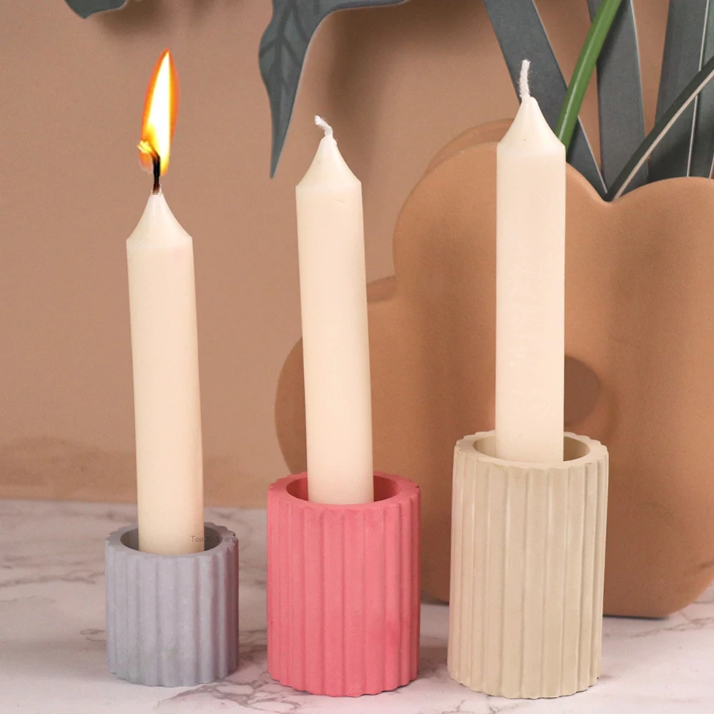 Cylindrical Striped Candle Holder Silicone Mold DIY Round Candlestick Crafts Making Plaster Concrete Resin Molds Home Decoration