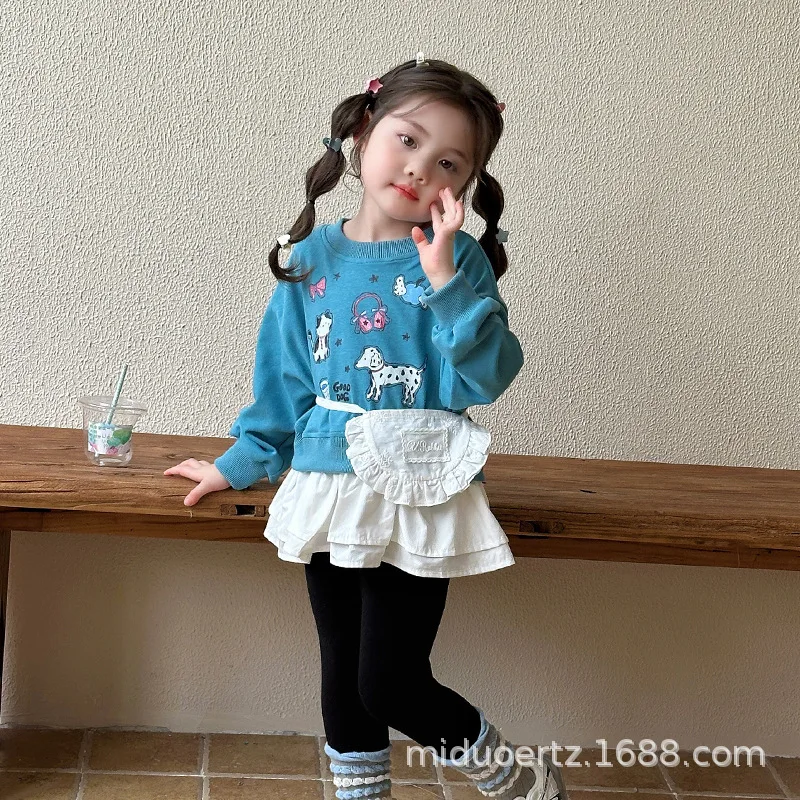 

Children Girls Sweatshirt Korean Autumn Lace Hem Infant Babys Girls Pullovers Loose Animal Printed Toddler Girls Long Sleeve Top