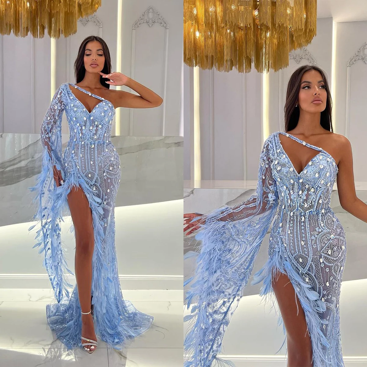 Sexy One Shoulder Mermaid Prom Dresses Sequins Crystal Feather Illusion Side Split Evening Gowns Custom Made Robe De Soirée