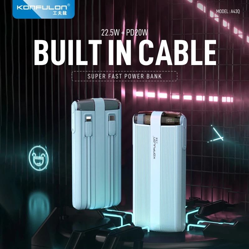 

Внешний аккумулятор KONFULON со встроенным кабелем, 10000 мАч, PD20W, быстрая зарядка, портативный внешний аккумулятор для IPhone, Xiaomi, Huawei, внешняя батарея