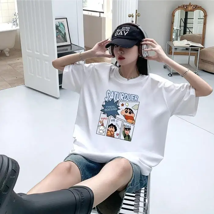 Crayon Shin Chan Saturday Comic Print T Shirt Women Oversized Cute Cartoon Graphic Short Sleeve Casual Tee