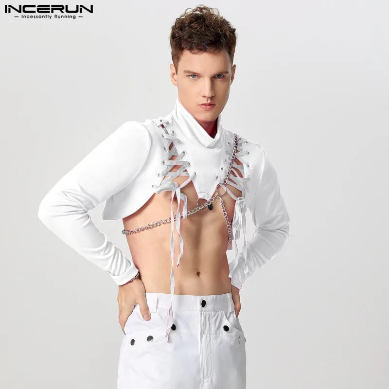 Sexy Stylish Style Tops INCERUN Men's Cropped Drawstring Strap T-shirt Casual Clubwear Male Half High Neck Long Sleeved Camiseta