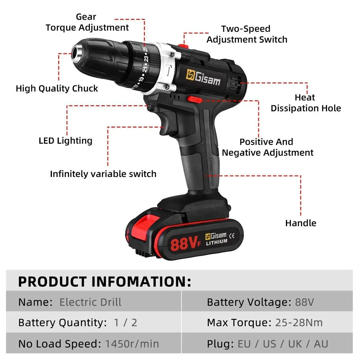 25+3 Torque Portable Cordless Power Drill Set Impact Screw Driver Electric Screwdriver with Rechargeable Battery Power Tool