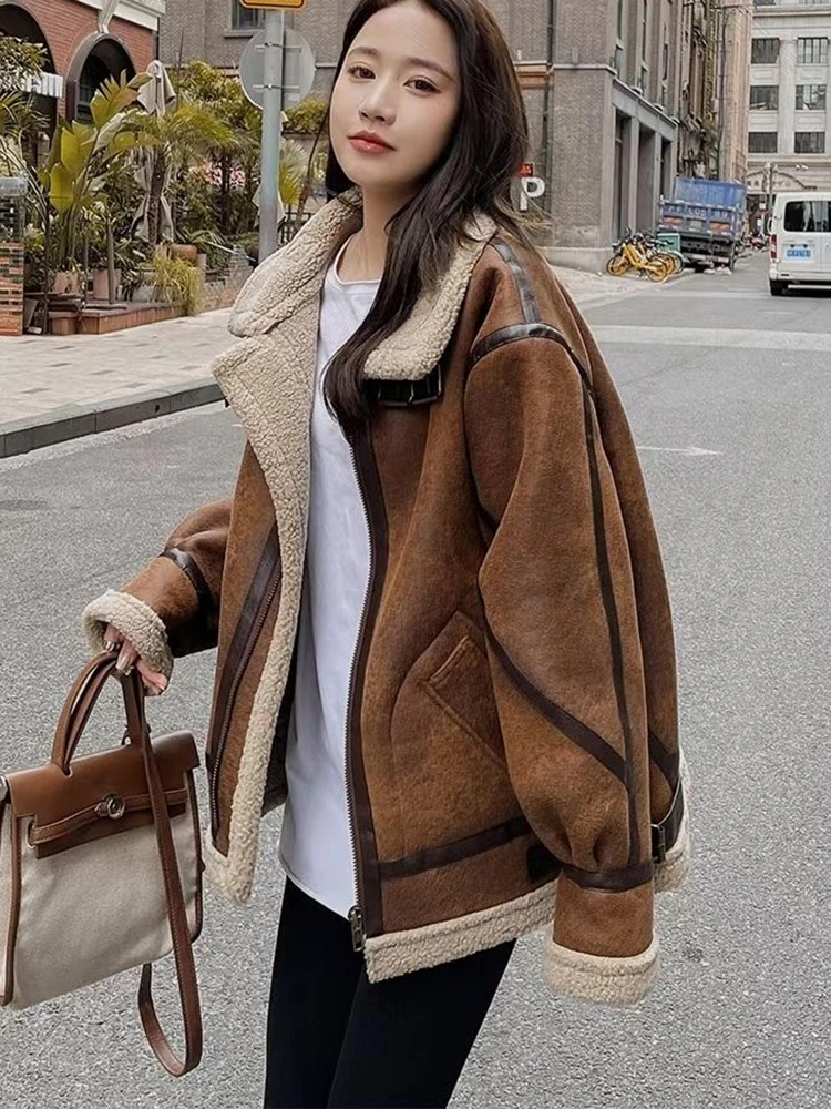 HWL  Winter Sheepskin Faux Fur Suede Leather Jacket Women Lamb Shearling Outwear Long Sleeve Zipper Short Moto Biker Coat