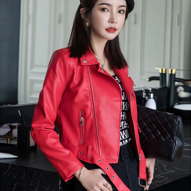 2024 Women's Short Autumn and Winter PU Leather Suit Collar Motorcycle Slim Fashion Girl Leather Jacket