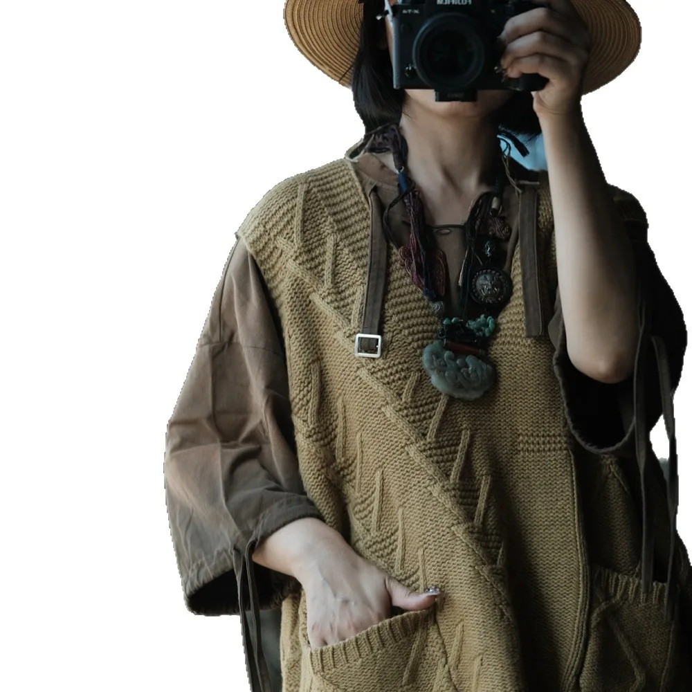 

Осень-зима 2023, винтажный женский вязаный свитер, жилет, повседневные пуловеры без рукавов, индивидуальное модное одинаковое пальто с большим v-образным вырезом