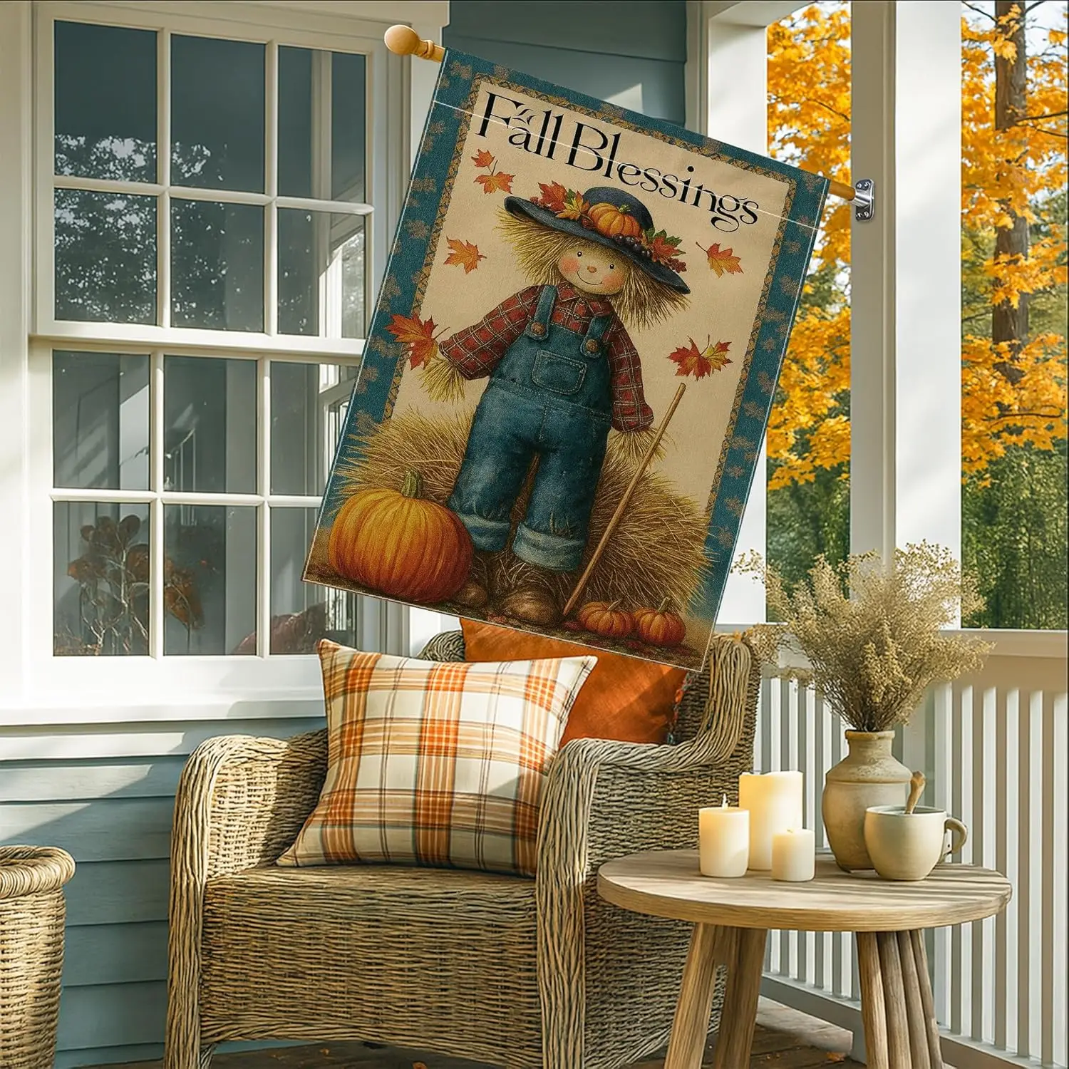 Autumn Harvest Scarecrow Garden Flag, Orange Pumpkin Maple Leaves Outdoor Decor, Double Sided Burlap Yard Banner Fall Party  yyi