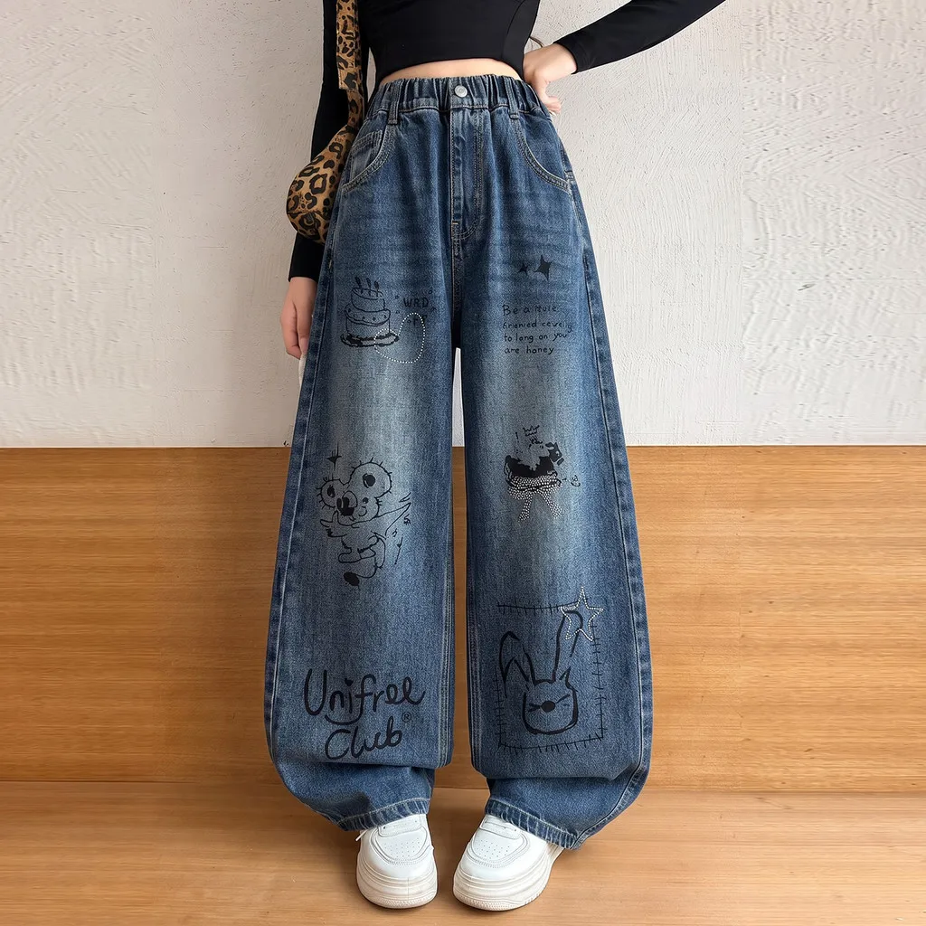 Girls Straight Leg Jeans Autumn Cute Graffiti High Waist Children Pants