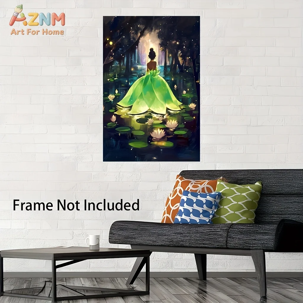 AZNM Disney Princesa y el Sapo Tiana, Arte de Noche en el Bayou con Vestido de Hojas de Loto Brillantes, Impresión Plana 2D, Lienzo sin Marco para Pared, para Niños