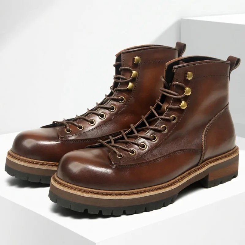 

British Style Genuine Leather Work Men's Shoes Thick Soled High Top Round Toe Lace Up Outdoor Hiking Motorcycle Chelsea Boots