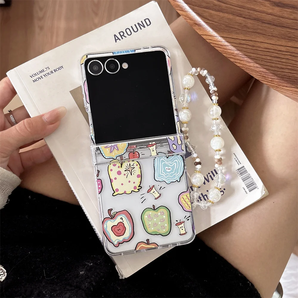 Cute Vivid Cartoon Colorful Fruit Printed Clear Phone Case for Samsung Galaxy Z Flip 7-3 Crystal Bead Strap Protective Cover