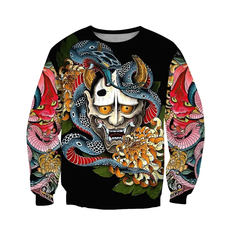 Japanese Mythology Mask Printed Sweatshirt Men's Clothes Harajuku Street Pullover Top 3D Printed Mysterious Culture Sweatshirts