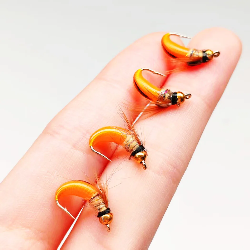 10 Stück-mit Fliegenbox Fliegenfischen Fliegen Künstlicher BeadHead Nymphe Orange Trockenfliegen Köder zum Angeln Forellen Nymphenköder – Detail 7