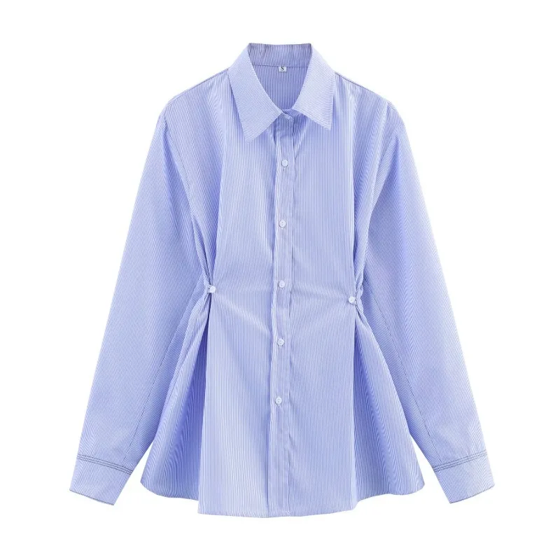 

Skinny striped lapel single breasted long sleeved T-shirt Spring/Summer Women's Tops New Fashion Shirt Tops Woman Clothing