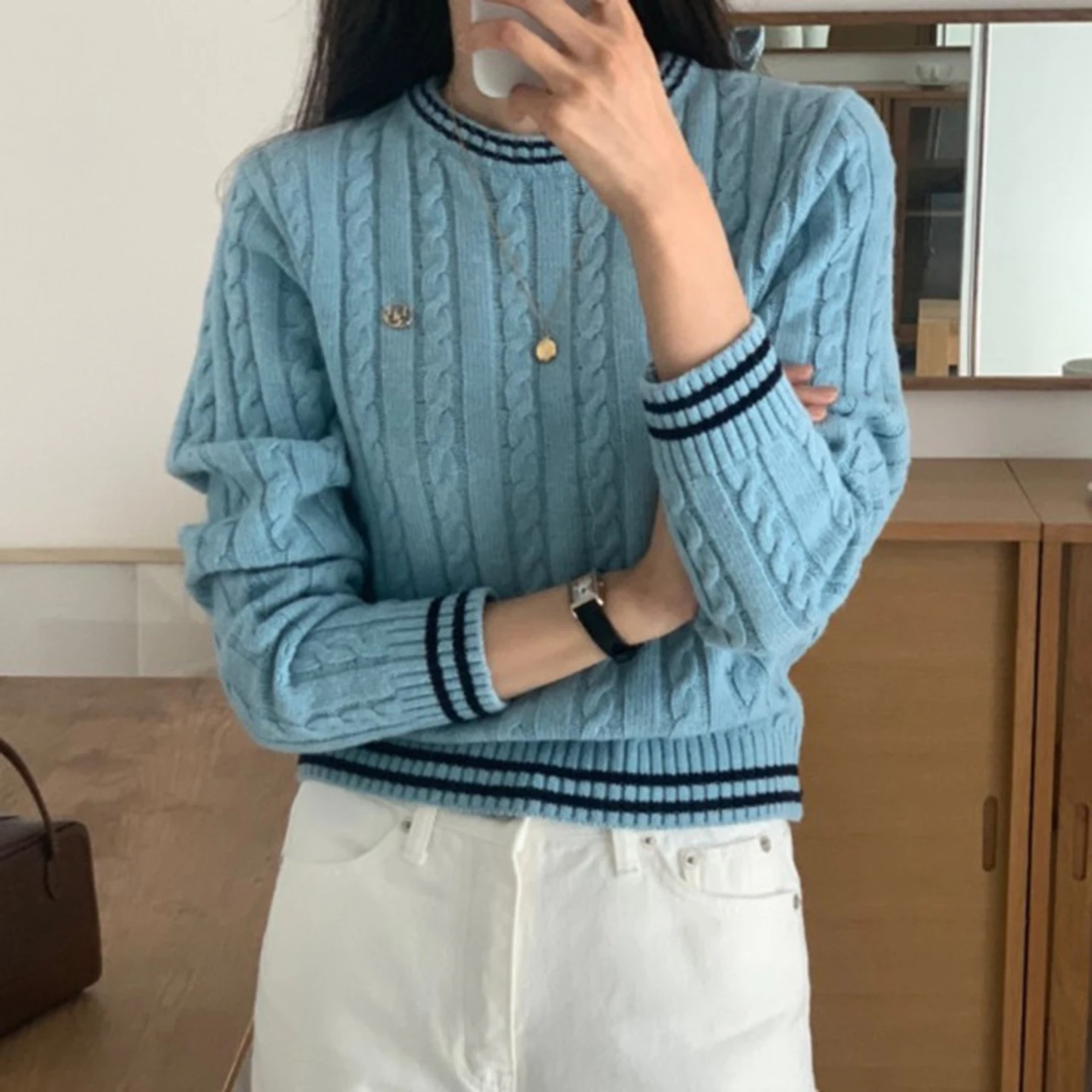 

Женский повседневный круглый трикотаж Ne, повседневный шикарный осенне-зимний новый универсальный цвет для отдыха, в полоску с закрученным узором...