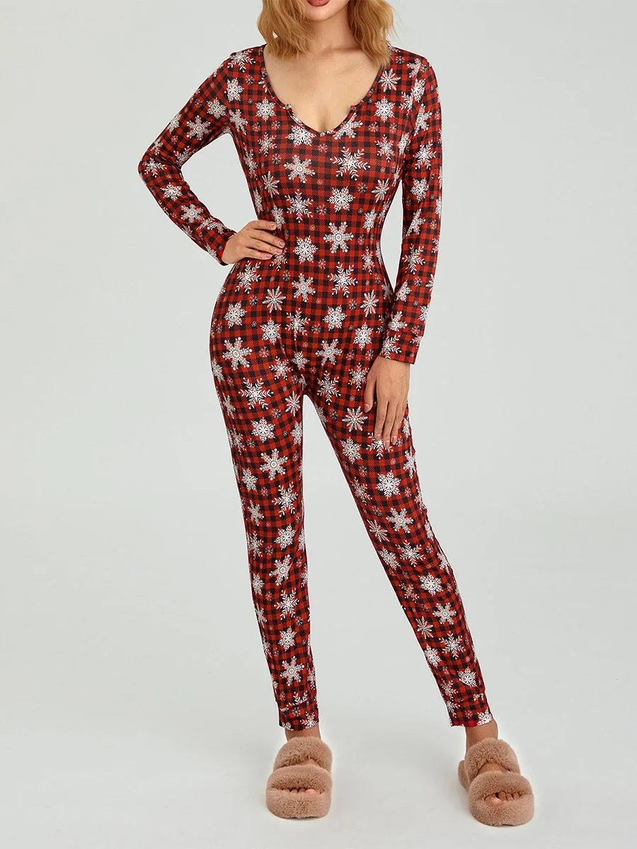 2024 New Women Sexy Christmas Pajamas Long Sleeve Printing Bodycon 1Piece jumpsuit Ugly Christmas Pjs Sleepwear