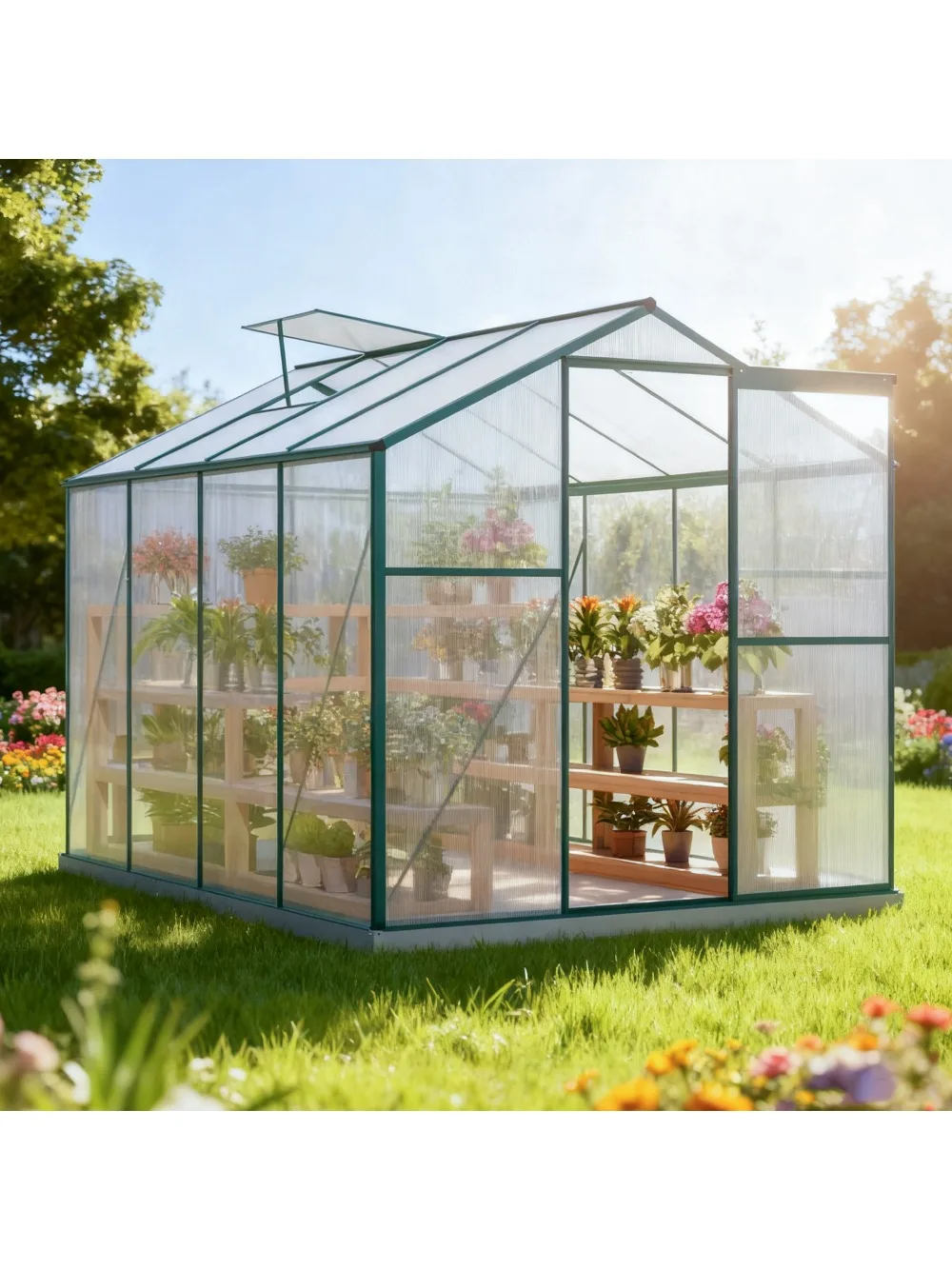 Gewächshaus aus Aluminium mit Grundierung 4,75 M2 – 190 × 253 cm inkl., Oberlicht und Schiebetür, Gartengewächshaus, Pflanzenhaus