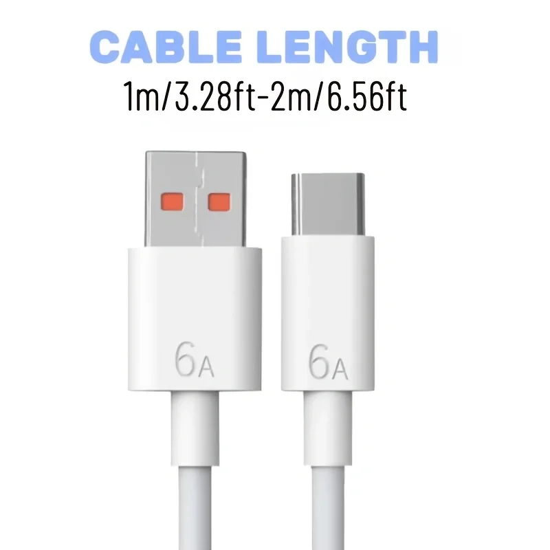 1M/3.3FT White USB to Type-C Cable Fast Charging 6A/60W High-Speed Data Transfer Compatible with OPPO Huawei Redmi Honor Phones Computers Tablets