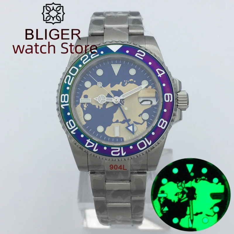 

BLIGER NH34 GMT Mechanical Automatic Fashion men's watch Blue dial luminous Sapphire glass Polished center Chain Oyster bracelet