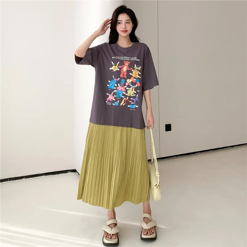 2024 wiosna lato luźne Plus Size plisowane sukienki kobieta Patchwork Lady T-Shirt z nadrukiem sukienka suknia damska ubrania KE6718