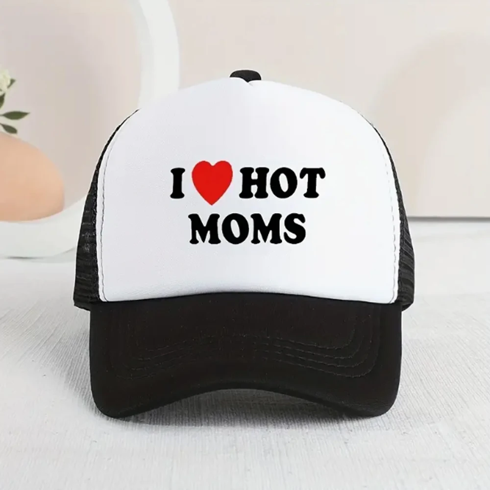 I Love Hot Moms Baseball Cap Printed Mesh Trucker Hat Breathable Adjustable Sunscreen Dad Hats For Women & Men