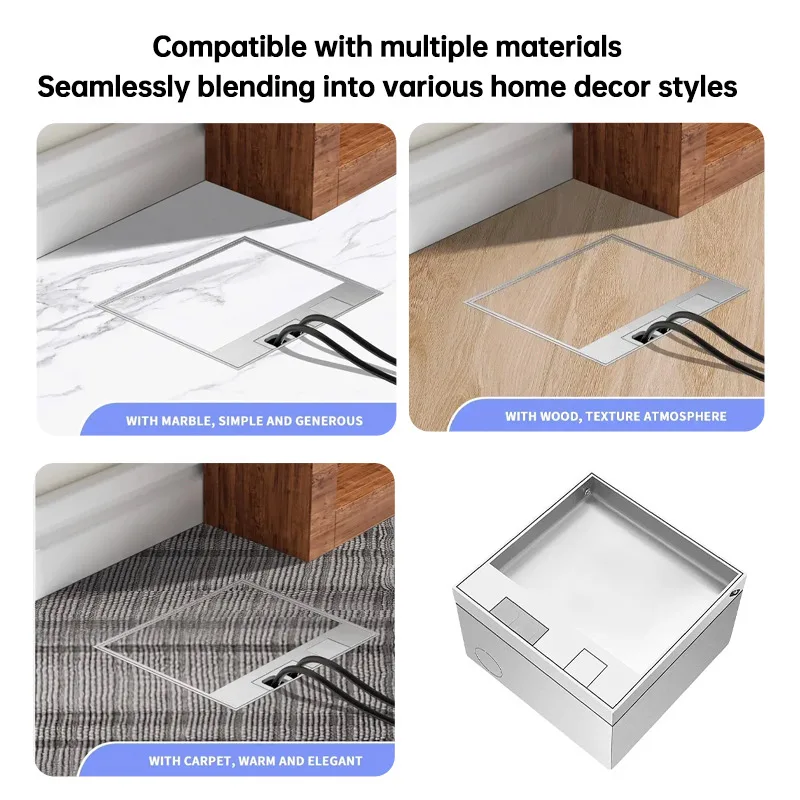 Flat Floor Hidden Electrical Socket, EU FR UK Outlet Embedded In Stainless Steel Marble For Home And Office Use 130mm X 130mm