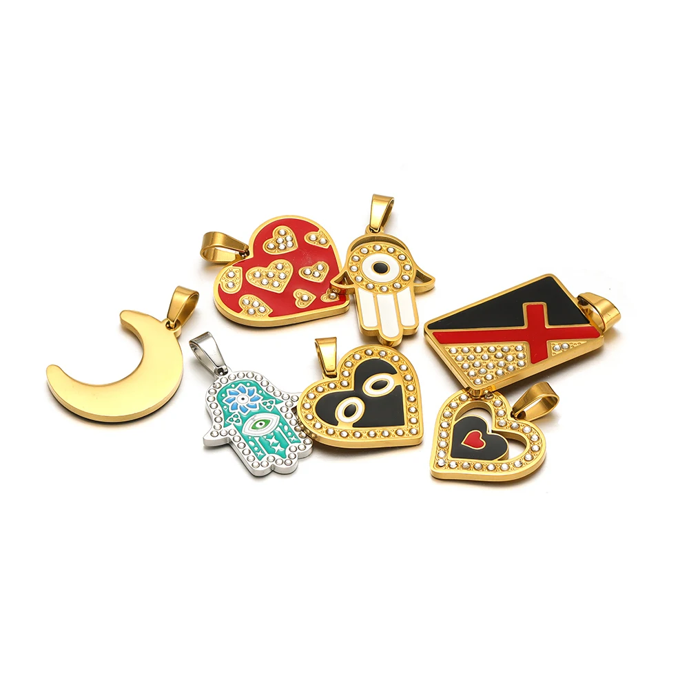 4Pcs/Lot Enamel Heart Pendants Stainless Steel Hamsa Hand Charms for Trendy Bracelet Necklace Material Jewelry DIY Making Bulk