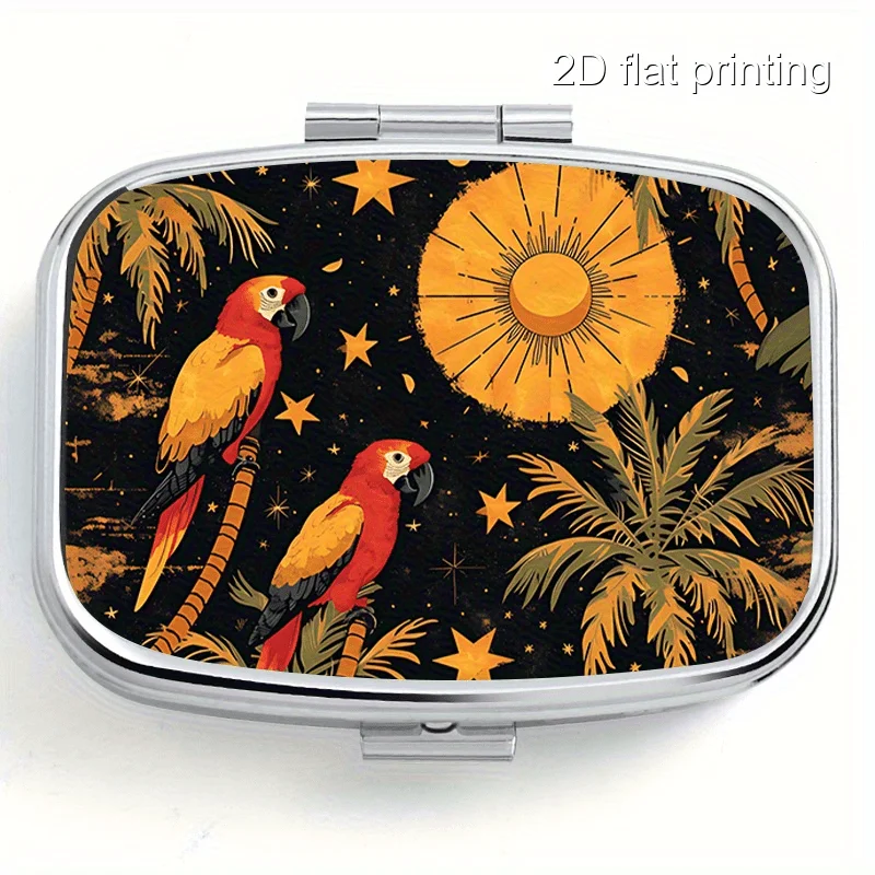 Square Small Box with Random Parrot Prints, 2-Compartment Metal Box, Portable Small Box with Compartments, Portable Small Box for Wallets or Money, Decorative Metal Small Vitamin Storage Box, Suitable for Travel, Camping, Unique Gift