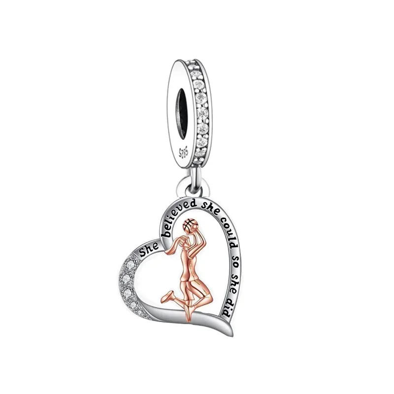 Fit Original Pan Charm Bracelet 925 Silver She Believed She Could She Did Girl Playing Basketball Bead For Making Women Berloque