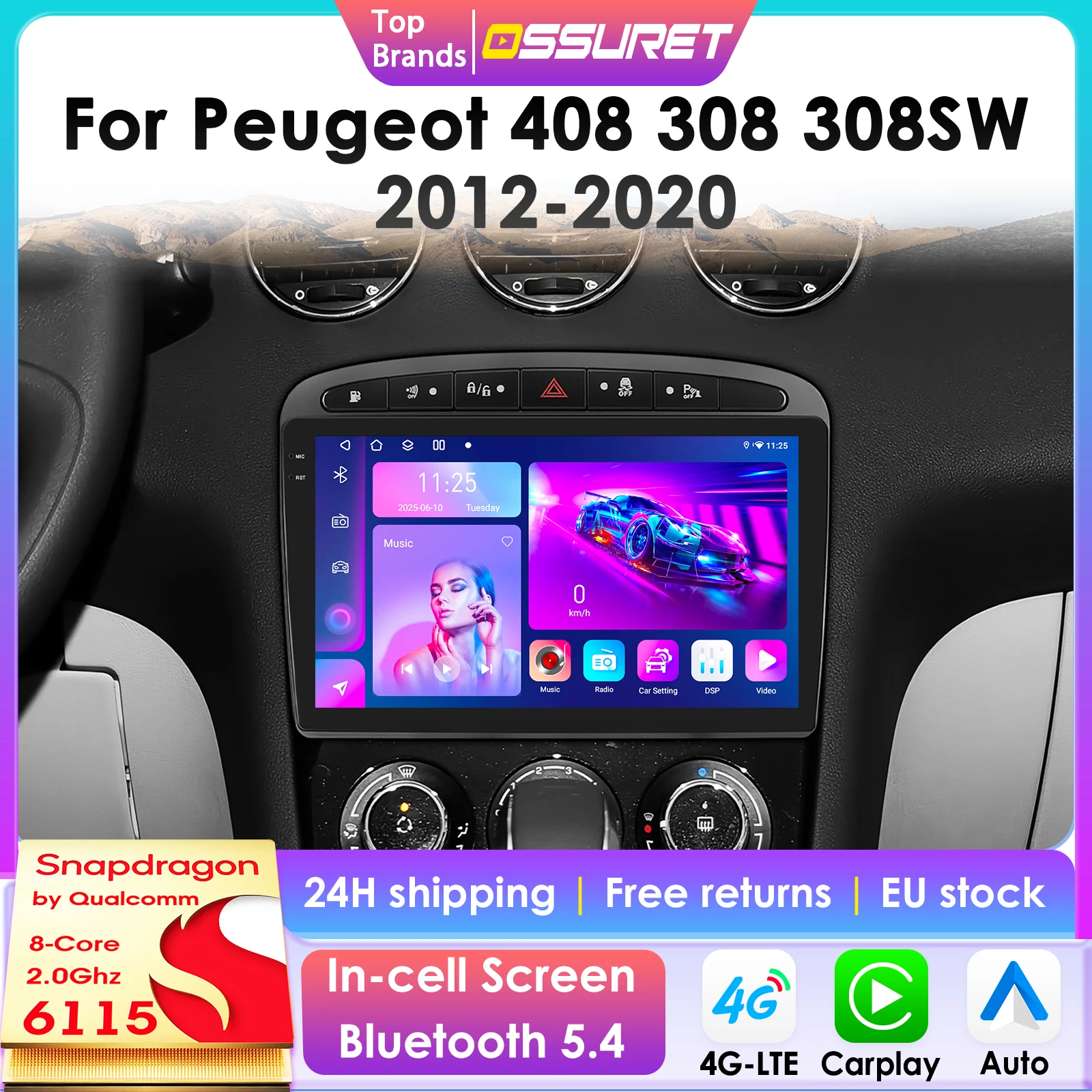 2Din Carplay Android 13 Autoradio Per Peugeot 408 Peugeot 308 308SW Auto Lettore Multimediale Schermo Intelligente autoradio 4G 6115