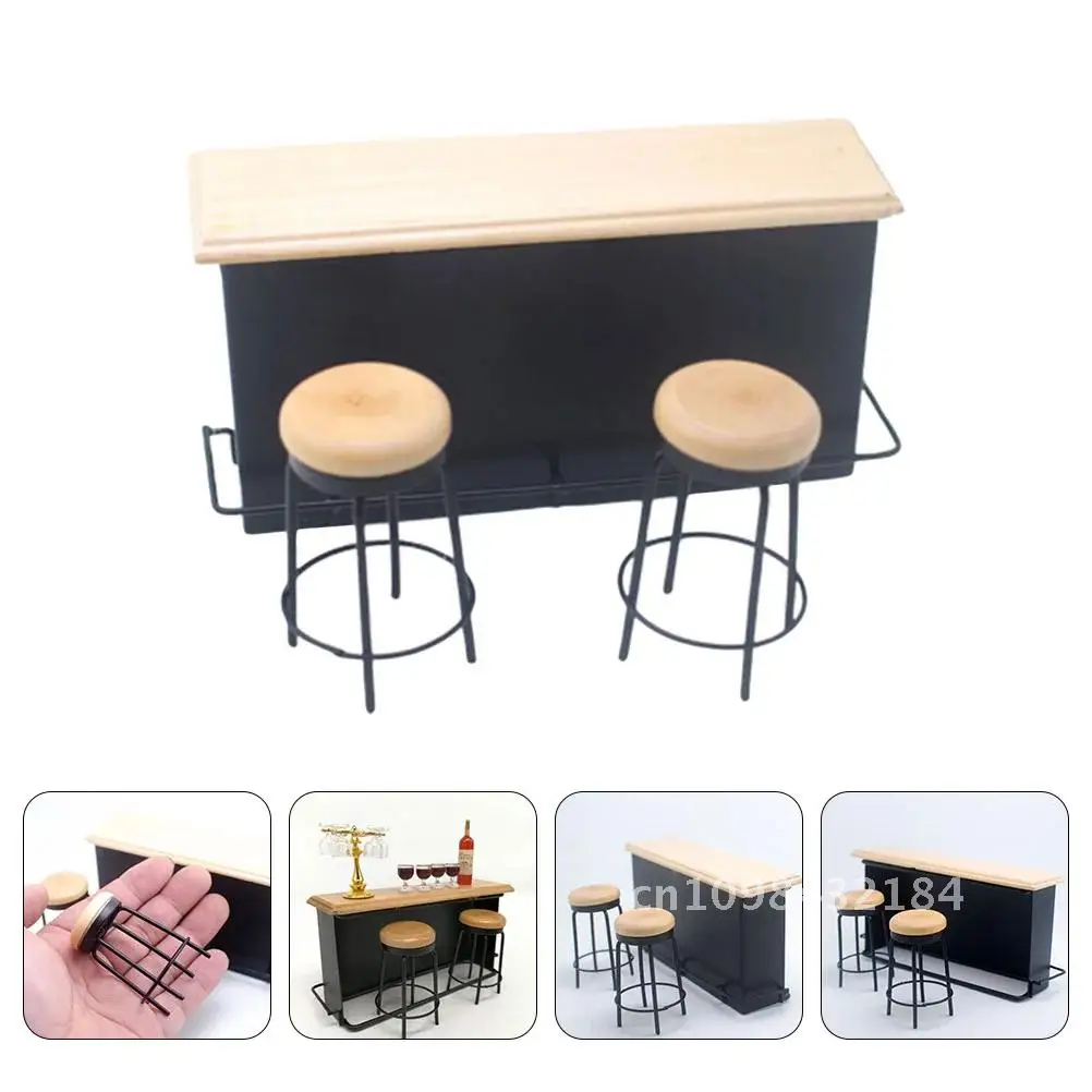 DIY 미니 펍 장난감 1: 12 스케일 인형 집 가구 바 장난감 나무 카운터 미니어처 의자 테이블