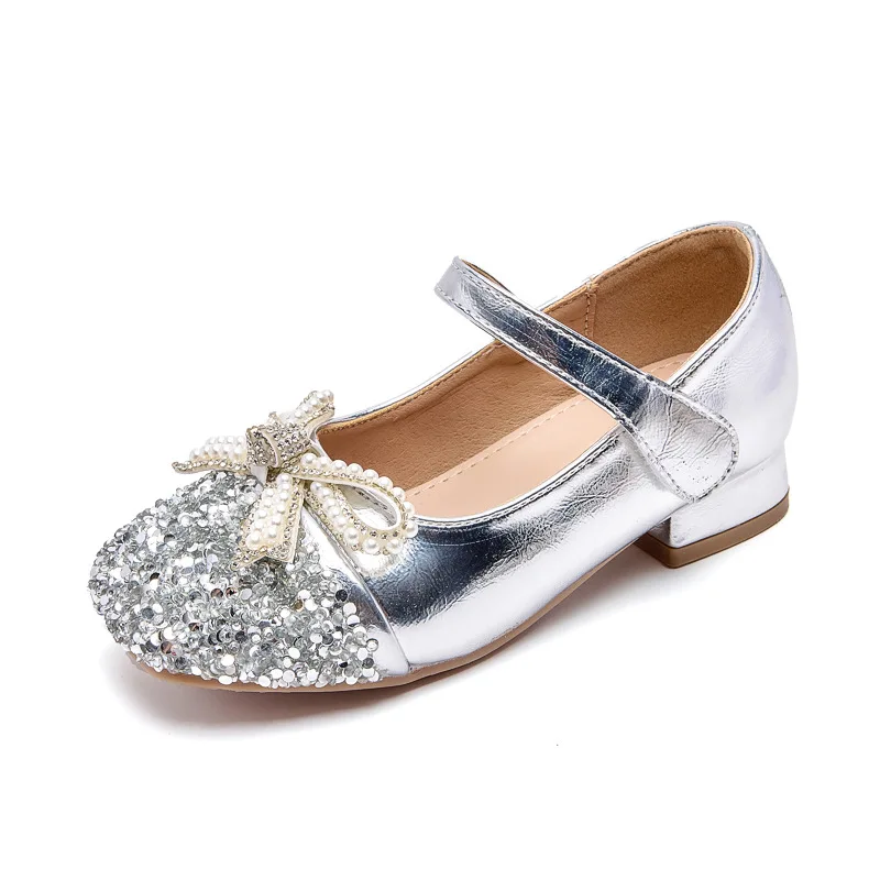 

2026 Spring New Girls' High Heel Princess Shoes Soft Sole Crystal Leather Shoes Fashion Kids Dress Party Performance Footwear