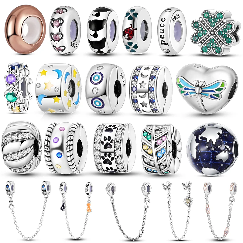 925 Silver Clasp Clip Spacer Stopper Beads Charms & Safety Chain  Clasp Charm Bead Fit Original Bracelet DIY Jewelry