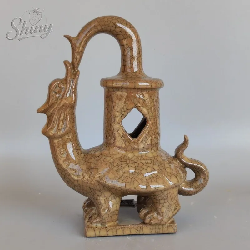 Song Dynasty Kiln Crackled Glaze Dragon-Tortoise Lamp Stand Antique, Vintage, or Replica Ceramic Decorative Piece