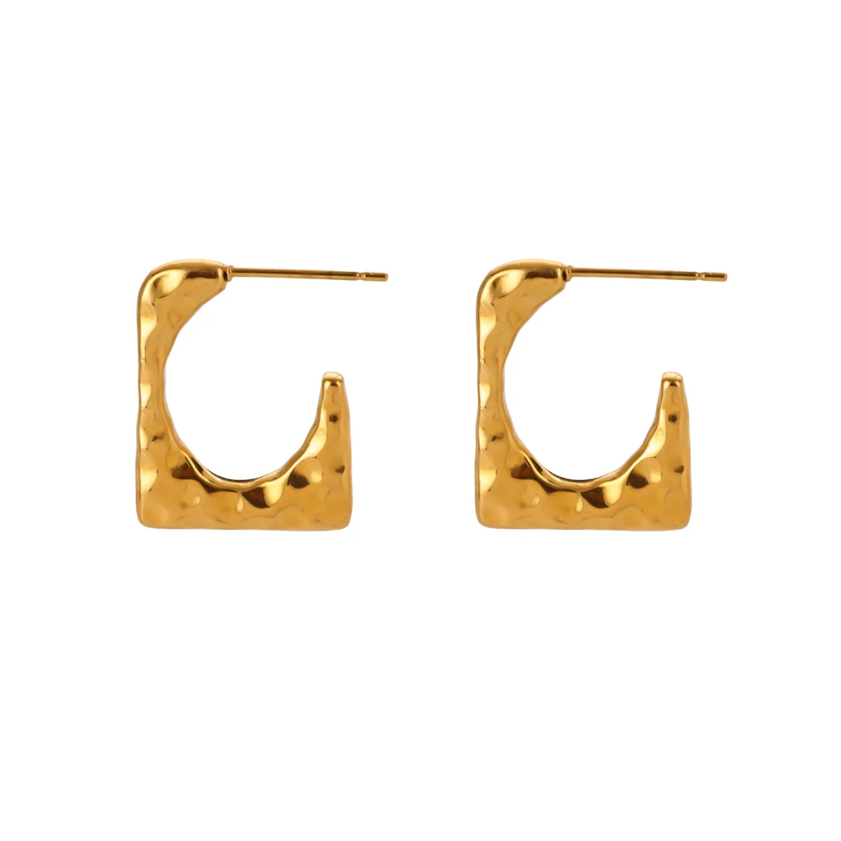 Vintage Goldfarbene Edelstahl-Creolen, gehämmerte geometrische quadratische plissierte klobige Croissant-Ohrringe, Damenschmuck – Detail 7