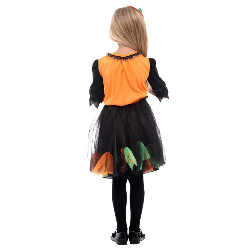Mn1 meninas halloween abóbora cosplay trajes de bruxa vestido com headwear truque ou tratamento festa vestir-se crianças roupas extravagantes 8/yg