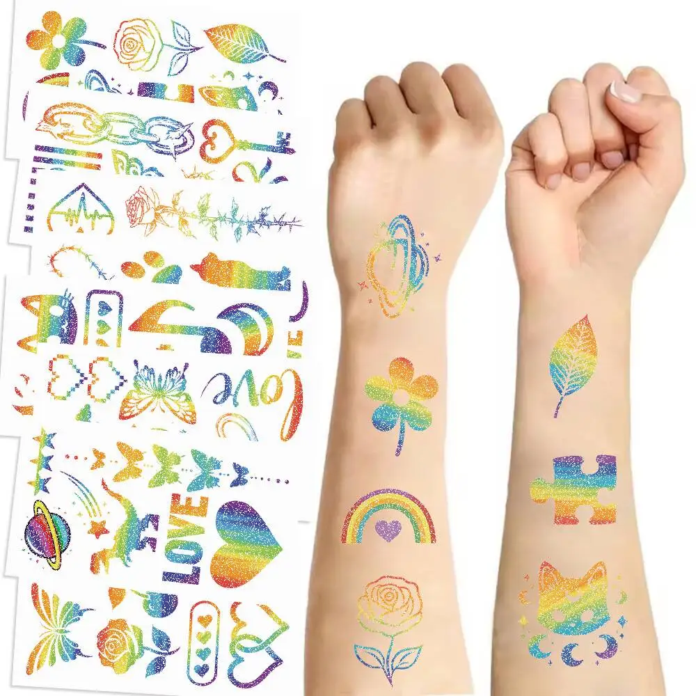 

Shiny Rainbow Temporary Tattoos Stickers Glitter Flower Star Puzzle Design Body Art Decals Safe Skin Friendly Waterproof Easy To