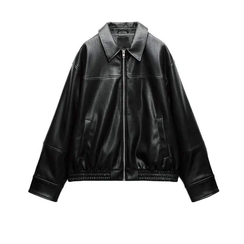 خريف شتاء جديد المرأة طويلة Sve بولي Leather الجلود الطيار Jaet معطف الوجه طوق ملابس خارجية تخفيف Sle فضفاضة تناسب البوليستر
