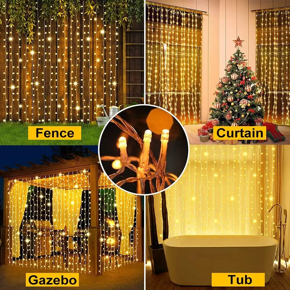 Solar Curtain Light Outdoor Garden String 300 LED 8 Modes Remote Waterfall Light for Party Festival Wedding Christmas Decoration