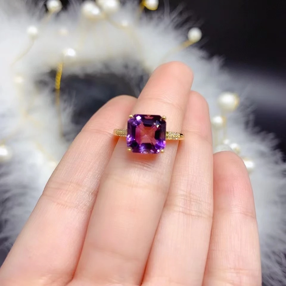 5ct 10mm VVS Grade Natural Amethyst Ring for Office Woman 925 Silver Amethyst Jewelry 3 Layers 18K Gold Plating No Fading